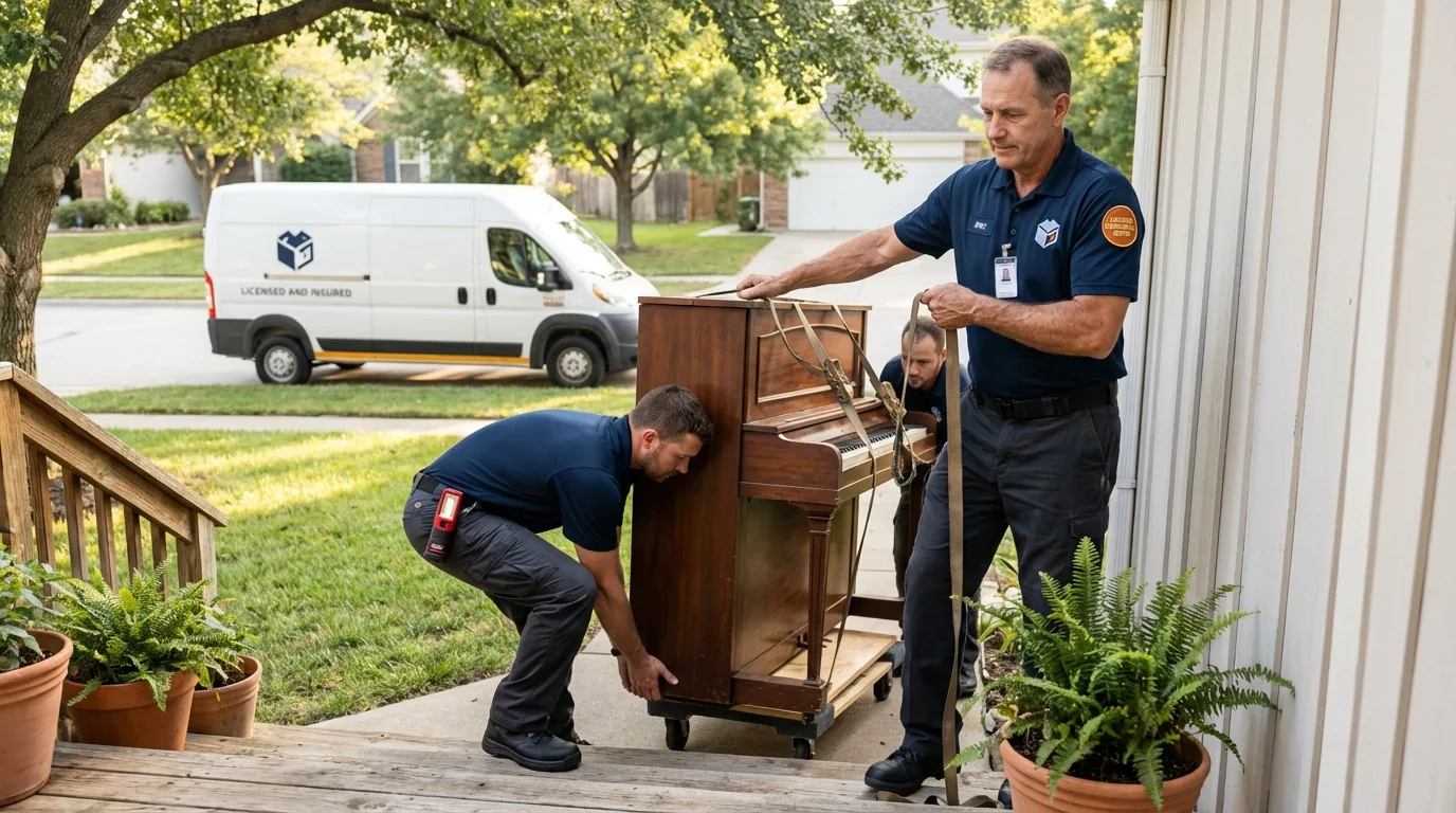 Licensed piano movers securing grand piano in Atwood, IL