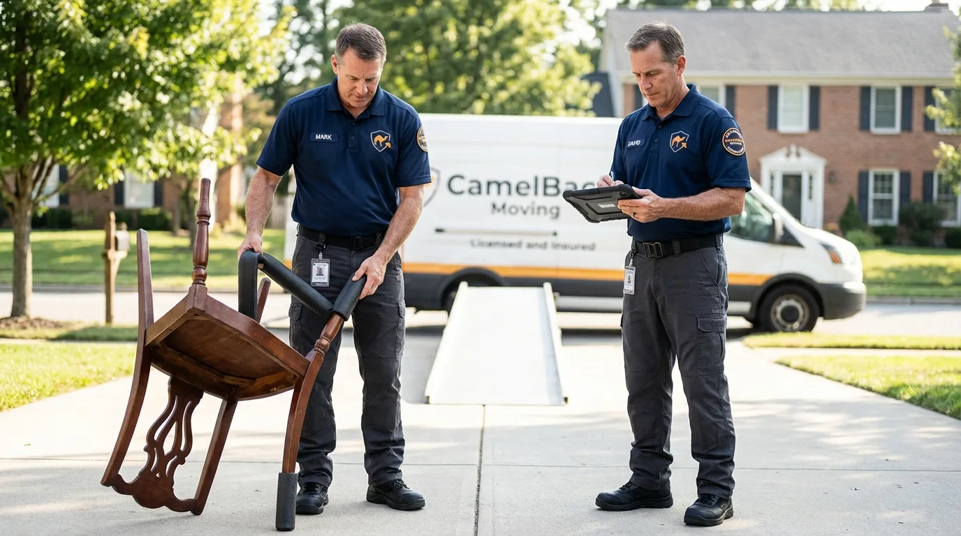 Movers inspecting furniture for damage prevention before loading in Atwood, IL
