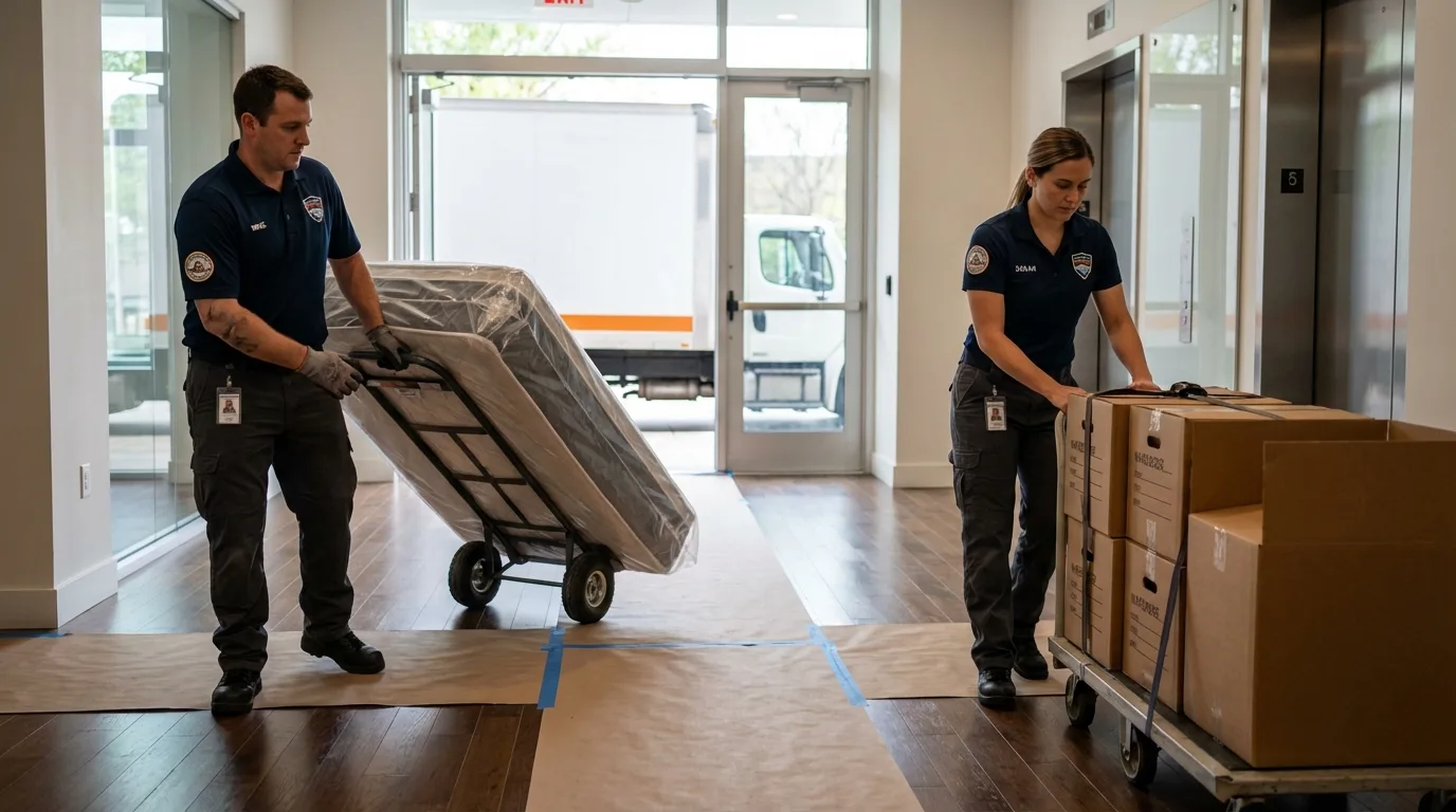 Professional apartment movers loading elevator in Atwood, IL