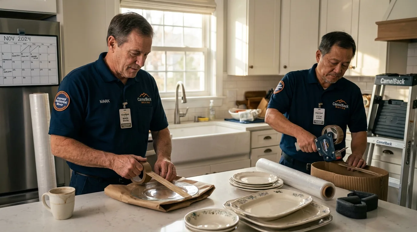 Professional crew packing kitchen dishware in Atwood, IL